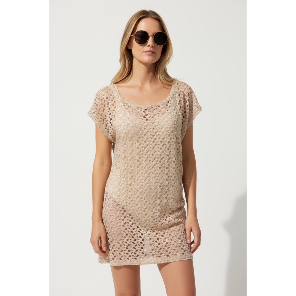 Cover Me Crochet Knit Swim Cover Up Dress Small Beige Metallic Shimmer Beachwear